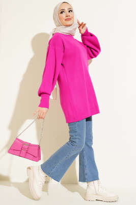 Balon Kol Düz Triko Tunik Fuşya - Triko Tunik