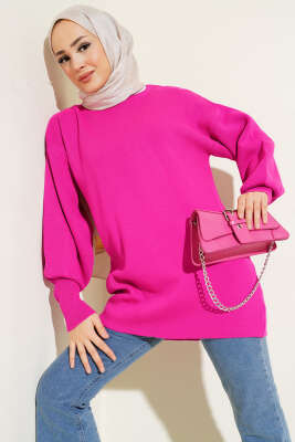 Balon Kol Düz Triko Tunik Fuşya - Triko Tunik