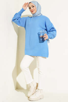 Balon Kol Düz Triko Tunik İndigo - Triko Tunik