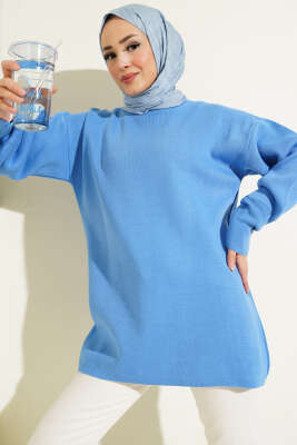 Balon Kol Düz Triko Tunik İndigo 