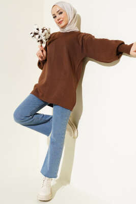 Balon Kol Düz Triko Tunik Kahve - Triko Tunik