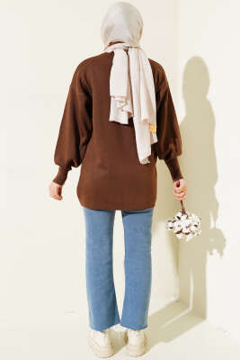 Balon Kol Düz Triko Tunik Kahve - Triko Tunik