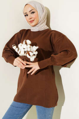 Balon Kol Düz Triko Tunik Kahve 