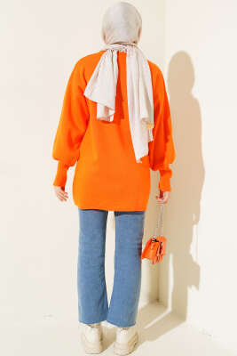 Balon Kol Düz Triko Tunik Oranj - Triko Tunik