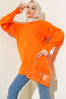 Balon Kol Düz Triko Tunik Oranj 