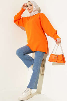 Balon Kol Düz Triko Tunik Oranj - Triko Tunik