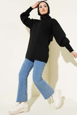 Balon Kol Düz Triko Tunik Siyah - Triko Tunik