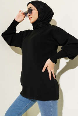 Balon Kol Düz Triko Tunik Siyah 