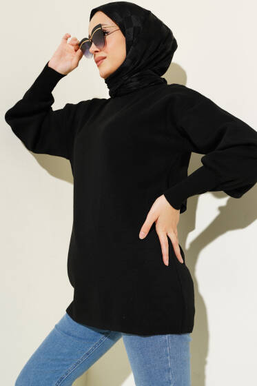 Balon Kol Düz Triko Tunik Siyah - Tunik