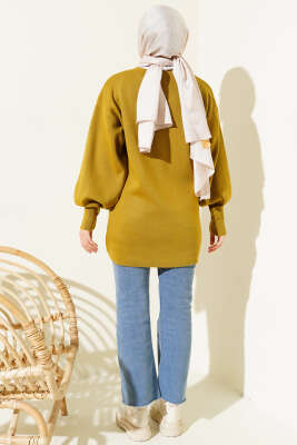 Balon Kol Düz Triko Tunik Yağ Yeşili - Triko Tunik