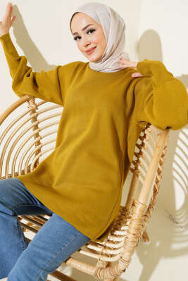 Balon Kol Düz Triko Tunik Yağ Yeşili 