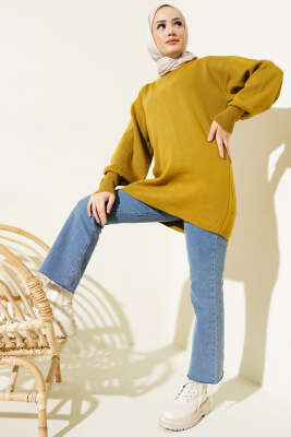 Balon Kol Düz Triko Tunik Yağ Yeşili - Triko Tunik