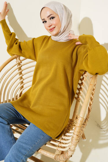Balon Kol Düz Triko Tunik Yağ Yeşili - Tunik