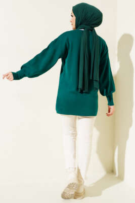 Balon Kol Düz Triko Tunik Zümrüt - Triko Tunik