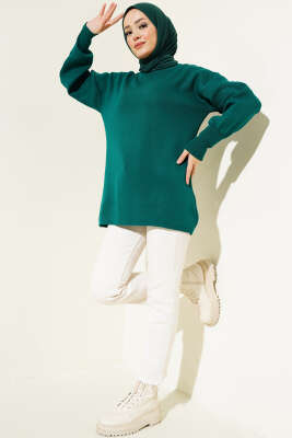 Balon Kol Düz Triko Tunik Zümrüt - Triko Tunik