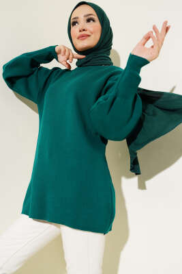 Balon Kol Düz Triko Tunik Zümrüt 