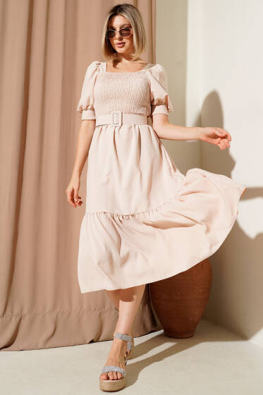 Balon Kol Gipeli Elbise Bej - Kadın Giyim Modelleri