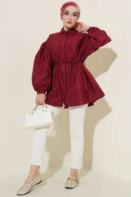 Balon Kol Gizli Düğmeli Paraşüt Gömlek Bordo - Gömlek