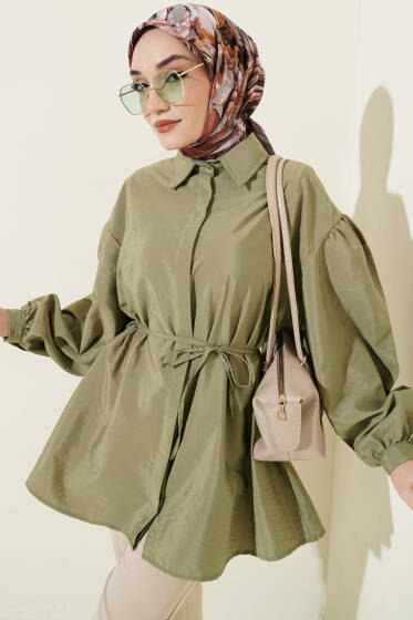 Balon Kol Gizli Düğmeli Paraşüt Gömlek Çağla Yeşili - Gömlek