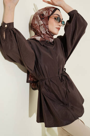 Balon Kol Gizli Düğmeli Paraşüt Gömlek Kahve - Gömlek