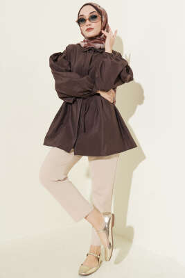 Balon Kol Gizli Düğmeli Paraşüt Gömlek Kahve - Gömlek