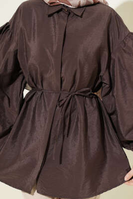 Balon Kol Gizli Düğmeli Paraşüt Gömlek Kahve - Gömlek