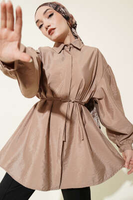 Balon Kol Gizli Düğmeli Paraşüt Gömlek Latte 