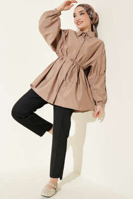 Balon Kol Gizli Düğmeli Paraşüt Gömlek Latte - Gömlek