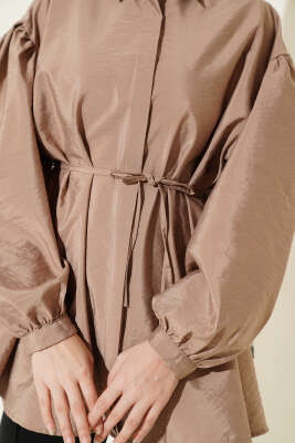 Balon Kol Gizli Düğmeli Paraşüt Gömlek Latte - Gömlek