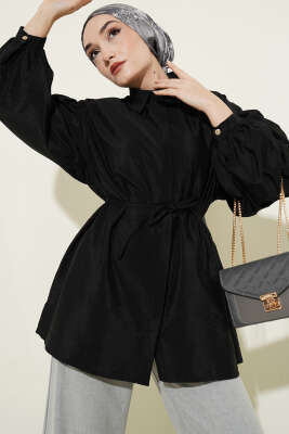 Balon Kol Gizli Düğmeli Paraşüt Gömlek Siyah 