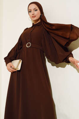 Balon Kol Gömlek Yaka Elbise Acı Kahve - Tesettür Elbise