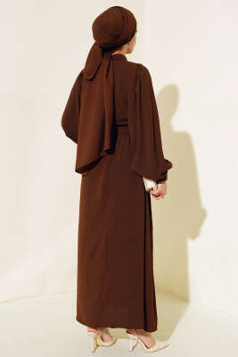Balon Kol Gömlek Yaka Elbise Acı Kahve - Tesettür Elbise
