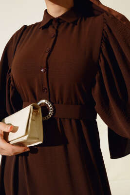 Balon Kol Gömlek Yaka Elbise Acı Kahve - Tesettür Elbise