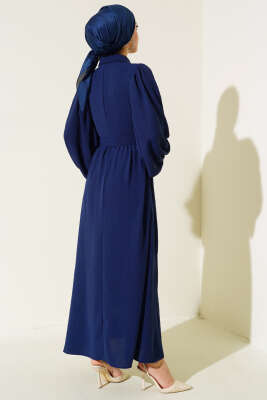 Balon Kol Gömlek Yaka Elbise Açık Lacivert - Tesettür Elbise