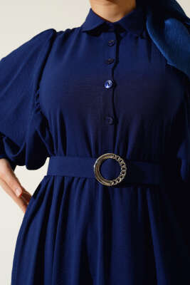 Balon Kol Gömlek Yaka Elbise Açık Lacivert - Tesettür Elbise