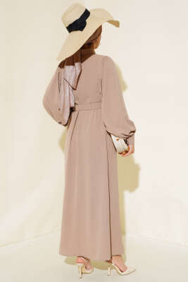 Balon Kol Gömlek Yaka Elbise Bej - Tesettür Elbise