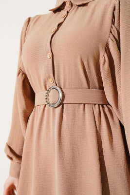 Balon Kol Gömlek Yaka Elbise Bisküvi - Tesettür Elbise