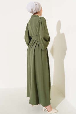 Balon Kol Gömlek Yaka Elbise Çağla Yeşili - Tesettür Elbise