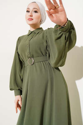 Balon Kol Gömlek Yaka Elbise Çağla Yeşili - Tesettür Elbise