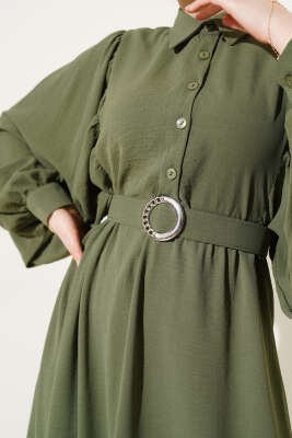 Balon Kol Gömlek Yaka Elbise Çağla Yeşili - Tesettür Elbise