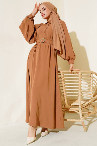 Balon Kol Gömlek Yaka Elbise Camel - Tesettür Elbise