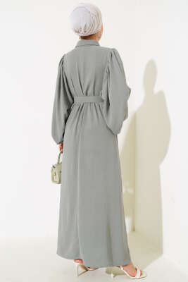 Balon Kol Gömlek Yaka Elbise Duman Gri - Tesettür Elbise