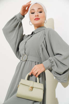 Balon Kol Gömlek Yaka Elbise Duman Gri - Tesettür Elbise