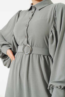 Balon Kol Gömlek Yaka Elbise Duman Gri - Tesettür Elbise