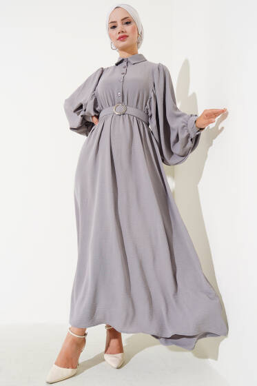 Balon Kol Gömlek Yaka Elbise Füme - Elbise