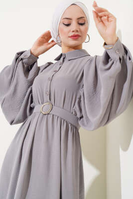 Balon Kol Gömlek Yaka Elbise Füme - Tesettür Elbise