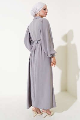 Balon Kol Gömlek Yaka Elbise Füme - Tesettür Elbise