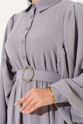 Balon Kol Gömlek Yaka Elbise Füme - Tesettür Elbise