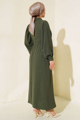 Balon Kol Gömlek Yaka Elbise Haki - Tesettür Elbise