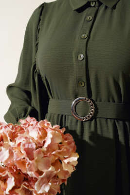 Balon Kol Gömlek Yaka Elbise Haki - Tesettür Elbise